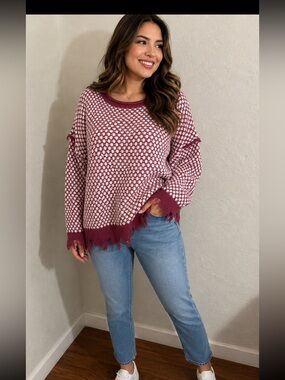 eesome Pink and White Knit Crewneck Sweater with Distressed Hem